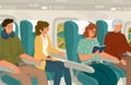 Airplane cabin interior with people aboard. Vector illustration. Passengers reading and watching plane window during a Royalty Free Stock Photo