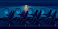 Airplane cabin at night, plane economy class salon Royalty Free Stock Photo