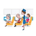 Airplane cabin passengers and air hostess