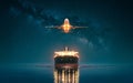 Airplane and cargo ship navigate under a starry night sky Royalty Free Stock Photo