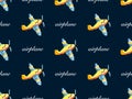 Airplane seamless pattern on blue background. Pixel style