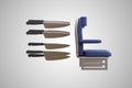 An airplane chair with many knives behind it demonstrating feelings of fight or flight anxiety concept. 3D illustration. Royalty Free Stock Photo