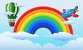 Airplane character and a boys riding a hot air balloon over the rainbow