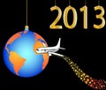 Airplane circling the globe merry christmas happy Royalty Free Stock Photo