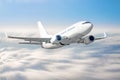 Airplane climb gains altitude at speed in motion blur above sky clouds flight journey height.