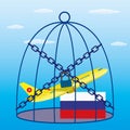 Airplane is closed in cage. Ban on international flights. Restriction of movement. Russian airlines under sanctions and flight ban