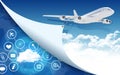 Airplane and cloud with icons Royalty Free Stock Photo