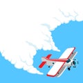 Cartoon plane flies on a background of white clouds and blue sky Royalty Free Stock Photo