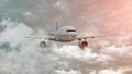 Airplane among clouds. The airplane is flying in cumulus clouds, front view. 3d illustration Royalty Free Stock Photo