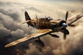 Airplane in the clouds. 3D render. Vintage style, world war 2 era fighter plane, AI Generated Royalty Free Stock Photo