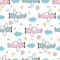 Airplane and clouds in the sky baby seamless pattern hand drawn cute cartoon background Royalty Free Stock Photo