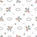 Airplane and clouds in the sky baby seamless pattern hand drawn cute cartoon background for kid Royalty Free Stock Photo