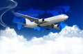 Airplane with clouds and world map