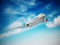 Airplane in the cloudy sky. 3D illustration