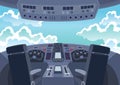 Airplane cockpit. Back view of cabin flying airplane. Inside cockpit during flight. Vector cartoon illustration Royalty Free Stock Photo