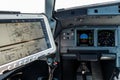 Airplane Cockpit, Captain site with the Primary Flight Display and navigation display in front and the computer with navigational Royalty Free Stock Photo