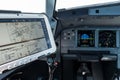 Airplane Cockpit, Captain site with the Primary Flight Display and navigation display in front and the computer with navigational Royalty Free Stock Photo