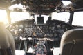 Airplane Cockpit Equipment with indicators, buttons, and instruments. Royalty Free Stock Photo