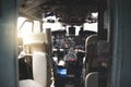 Airplane Cockpit Equipment with indicators, buttons, and instruments. Royalty Free Stock Photo