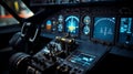 an airplane cockpit illuminated with blue and orange lights, showcasing various instruments, controls, and screens displaying Royalty Free Stock Photo