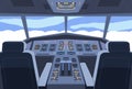 Airplane cockpit interior. Aircraft pilot cabin inside views, aeroplane jet flight deck captain chair, dashboard radar Royalty Free Stock Photo