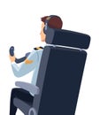 Airplane cockpit pilot. Back view of crew flying airplane. Pilot or copilot inside cockpit during flight. Vector cartoon Royalty Free Stock Photo