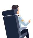 Airplane cockpit pilot. Back view of crew flying airplane. Pilot or copilot inside cockpit during flight. Vector cartoon Royalty Free Stock Photo