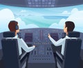 Airplane Cockpit. Pilots Sitting Front Of Dashboard Aircraft Inside Vector Cartoon Illustrations