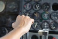 Airplane Cockpit thrust levers with hand on top for takeoff Royalty Free Stock Photo