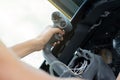 Airplane Cockpit thrust levers with hand on top for takeoff Royalty Free Stock Photo