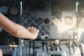 Airplane Cockpit thrust levers with hand on top for takeoff Royalty Free Stock Photo