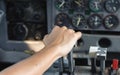 Airplane Cockpit thrust levers with hand on top for takeoff Royalty Free Stock Photo