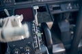 Airplane cockpit with thrust levers and instrument panel Royalty Free Stock Photo