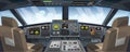 Airplane cockpit view with control panel buttons and sky background on window view. Airplane pilots cabin with dashboard control Royalty Free Stock Photo