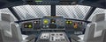 Airplane cockpit view with control panel buttons and transparent background on window view. Airplane pilots cabin with dashboard Royalty Free Stock Photo