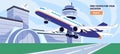 Airplane coming in for landing on runway. Arrival aircraft on airstrip. Airliner takeoff from airfield. Airport tower Royalty Free Stock Photo