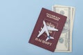 Airplane on the cover of a Russian passport. Dollars. Travel con Royalty Free Stock Photo