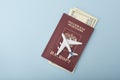 Airplane on the cover of a Russian passport. Dollars. Travel con Royalty Free Stock Photo