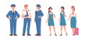 Airplane crew. Airline staff, aircraft commander airplane pilot or attendant flight captain stewardess aviation team