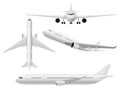 Airplane 3d. Airliner top, side and front view. Flying aircraft in various angle, air transport, commercial journey trip