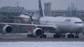 Lufthansa airplane at deice pad, defrosting, Munich Airport