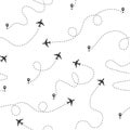 Airplane dotted flight line seamless pattern. Plane flying path. Travel concept vector wallpaper Royalty Free Stock Photo