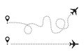 Airplane dotted line route path. Plane track with departure arrival point, travel aircraft flight trace. Vector