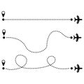 Airplane is in a dotted line. Tourism and travel. The waypoint is for a tourist trip. and his track on a white background. Vector