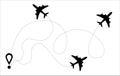 Airplane dotted route line. Flight tourism route path, plane flights itinerary starting pin to destination point or