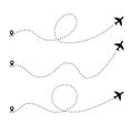 Airplane dotted route line the way airplane. Set. Flying with a dashed line from the starting point and along the path - stock