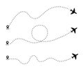 Airplane dotted route line the way airplane. Set. Flying with a dashed line from the starting point and along the path - stock