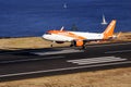 Airplane easyJet Airbus flying to the airport runway. The Commercial jet aeroplane started the landing gear system for landing..