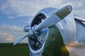 Airplane engine with propeller an old World War 2 plane in a field Royalty Free Stock Photo