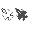 Airplane fighter line and solid icon. War aircraft with rockets symbol, outline style pictogram on white background